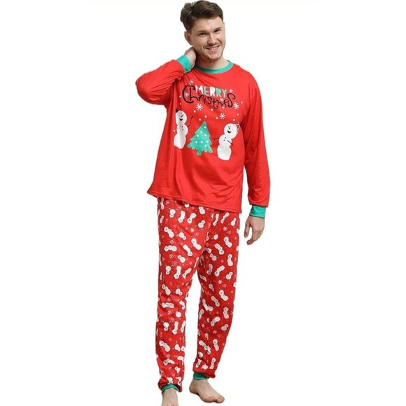 Men’s Large Christmas Pajama Set 2pc Long Sleeve Pj Snowman Tree Sleepwear NEW - Picture 1 of 6